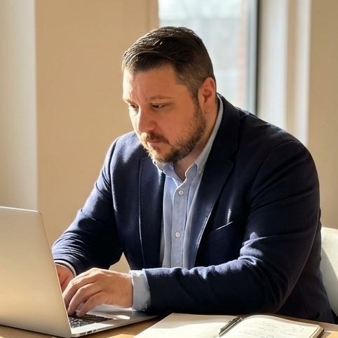 Korey Spikes sitting at Desk
